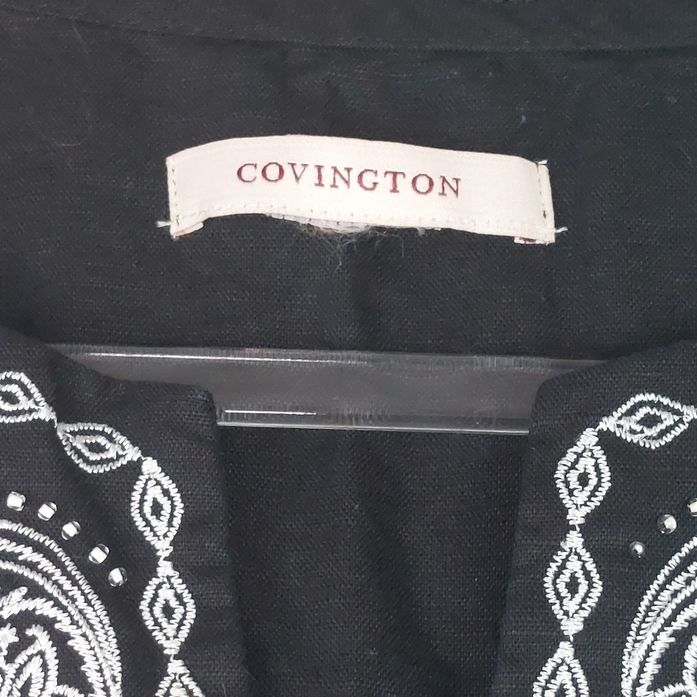 COVINGTON WOMEN BLACK WHITE EMBROIDERED BEADED LINEN BLEND 3/4 SLEEVE BOHO TOP M - Picture 6 of 7